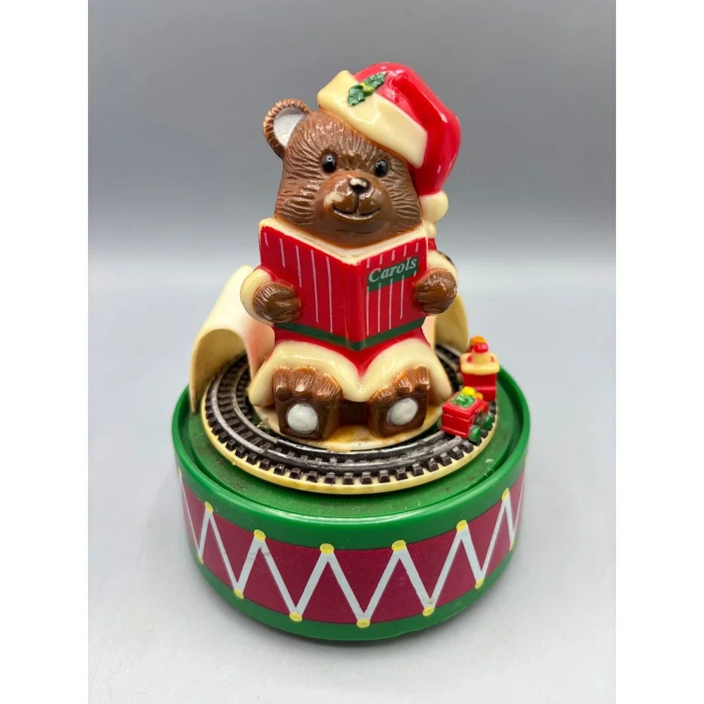 Vtg Christmas Musical Teddy Bear Caroler Santa Hat Village Train Music Box‎